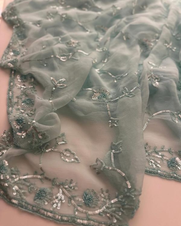 Aqua Blue Chiffon with Cutdana work