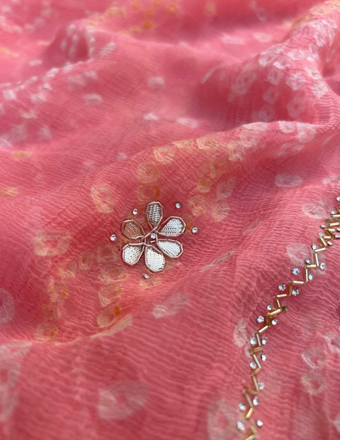 Baby Pink Bandhani Saree - Image 2