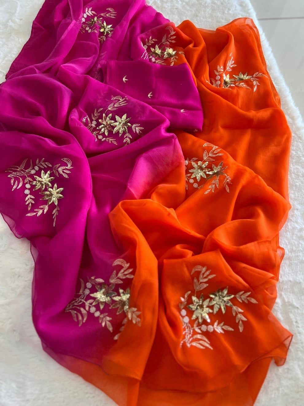 Orange Pink Chiffon Saree